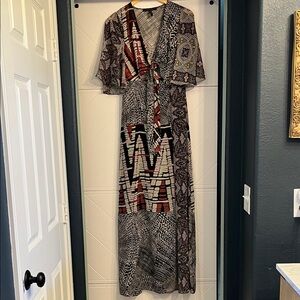 BCBGMaxAzria Black and Red Patterned Maxi Dress